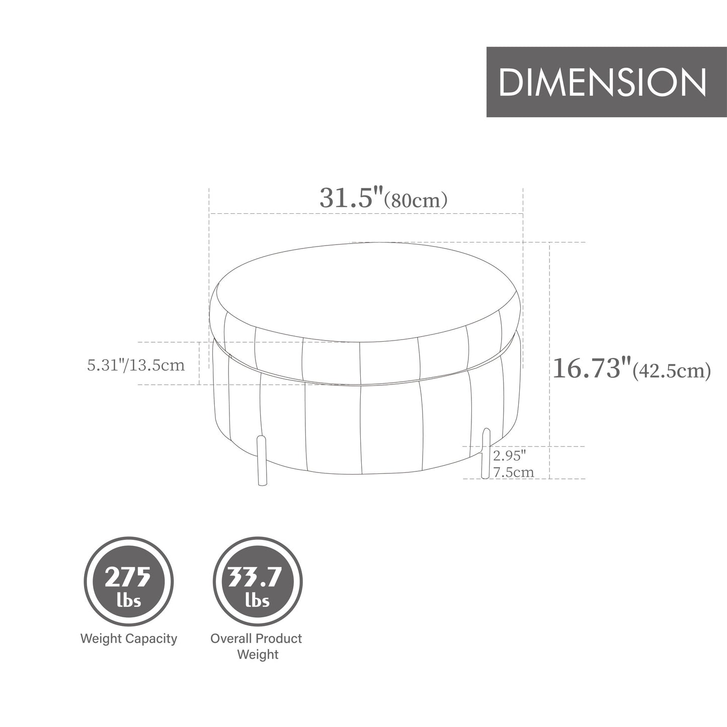 Upholstered Round Ottoman With Reversible Lid, Channel Tufted Pumpkin Shape