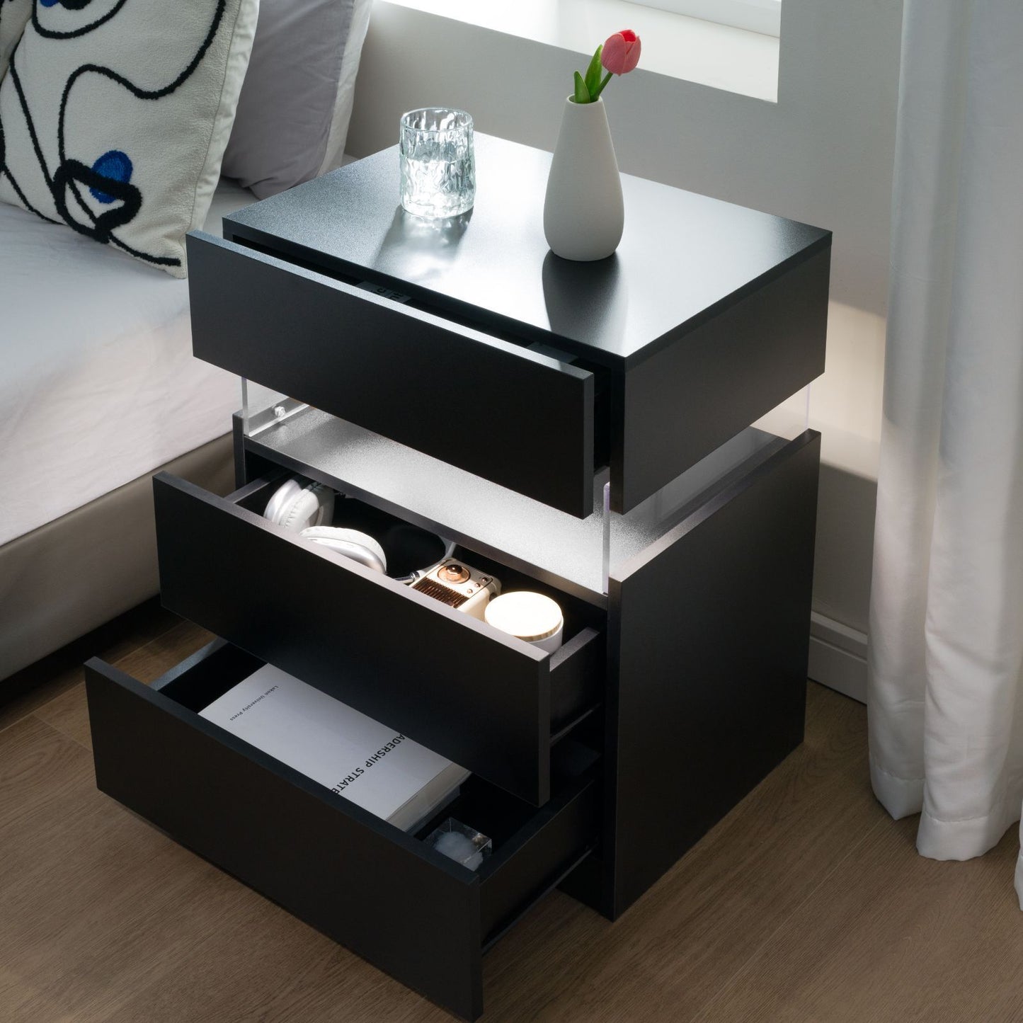 LED Nightstands, 3 Drawer For Bedroom