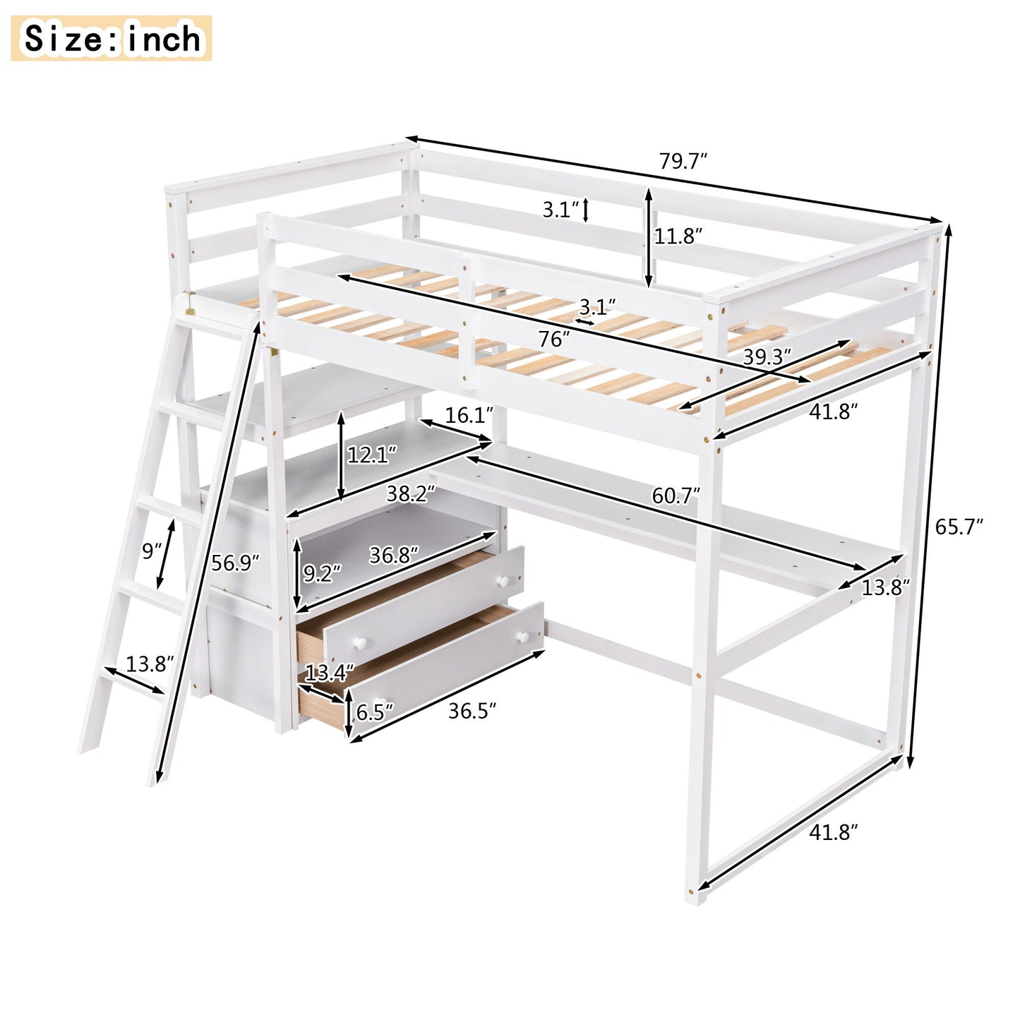 Modern Loft Bed With Built In Desk, Shelves, And 2 Drawers