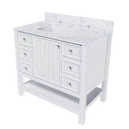 37" Bathroom Vanity, Multi Functional Cabinet With Doors And Drawers, Frame, Single Faucet Hole - White