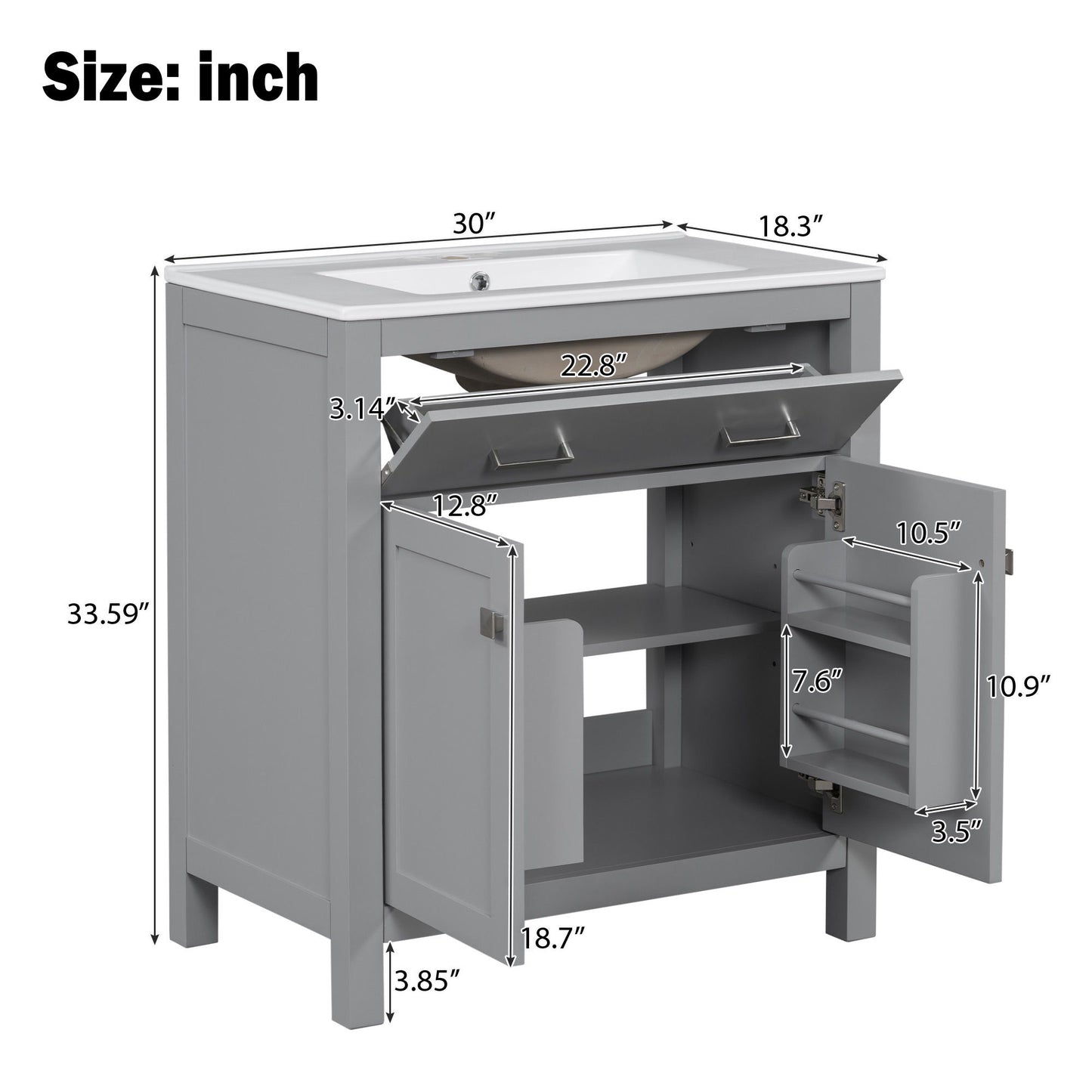 Bathroom Vanity With Ceramic Sink, Modern Single Bathroom Cabinet With 2 Doors And A Shelf, Soft Close Doors
