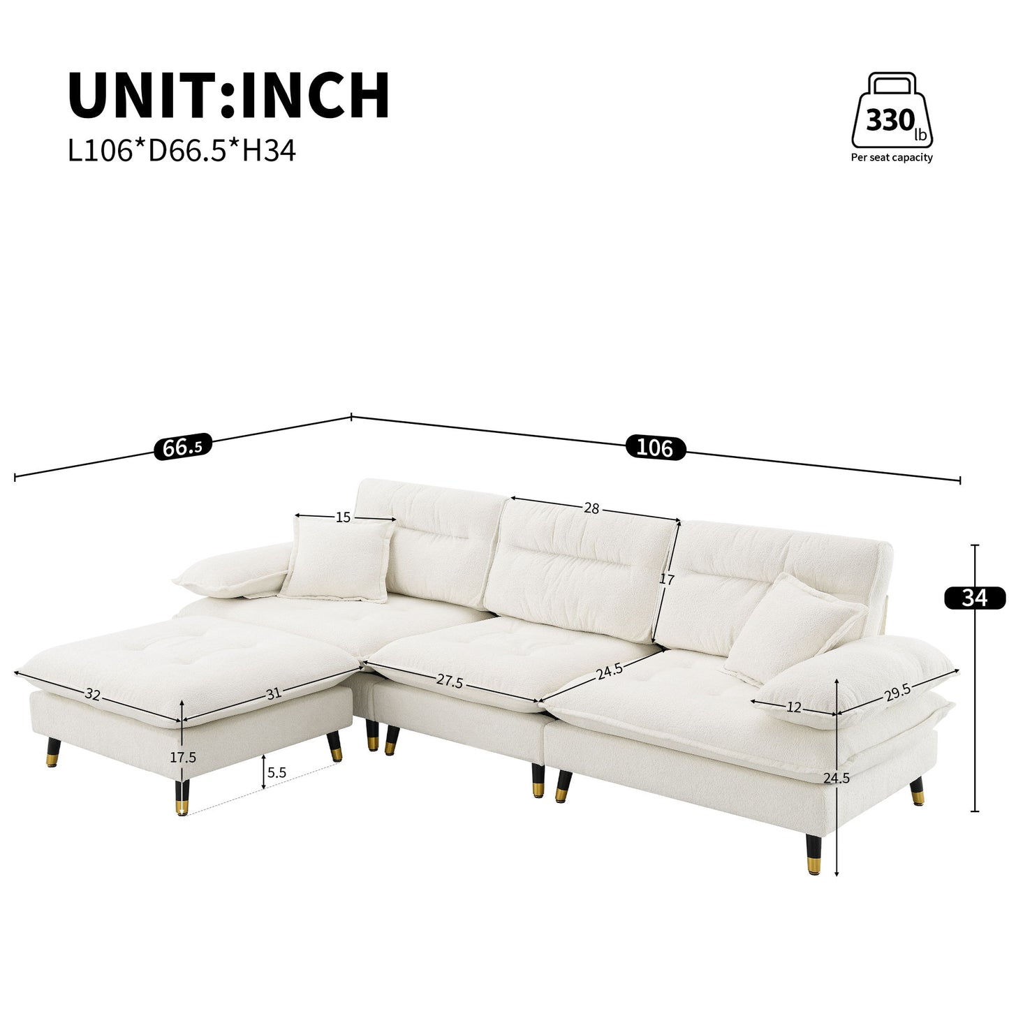 L Shaped Convertible Sectional Sofa 4 Seat Tufted Couch Set With Two Tone Adjust Legs Cloud Movable Ottoman