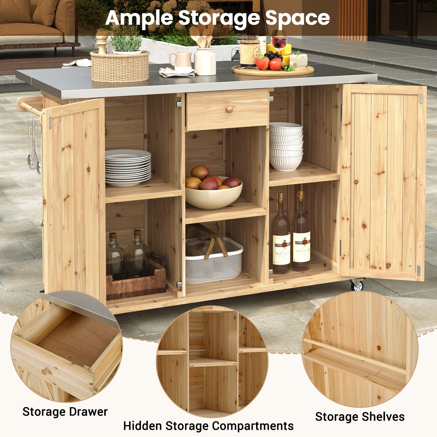 Outdoor Kitchen Island With Stainless Steel Top, Ample Storage Space, Towel And Spice Racks And A Bottle Opener