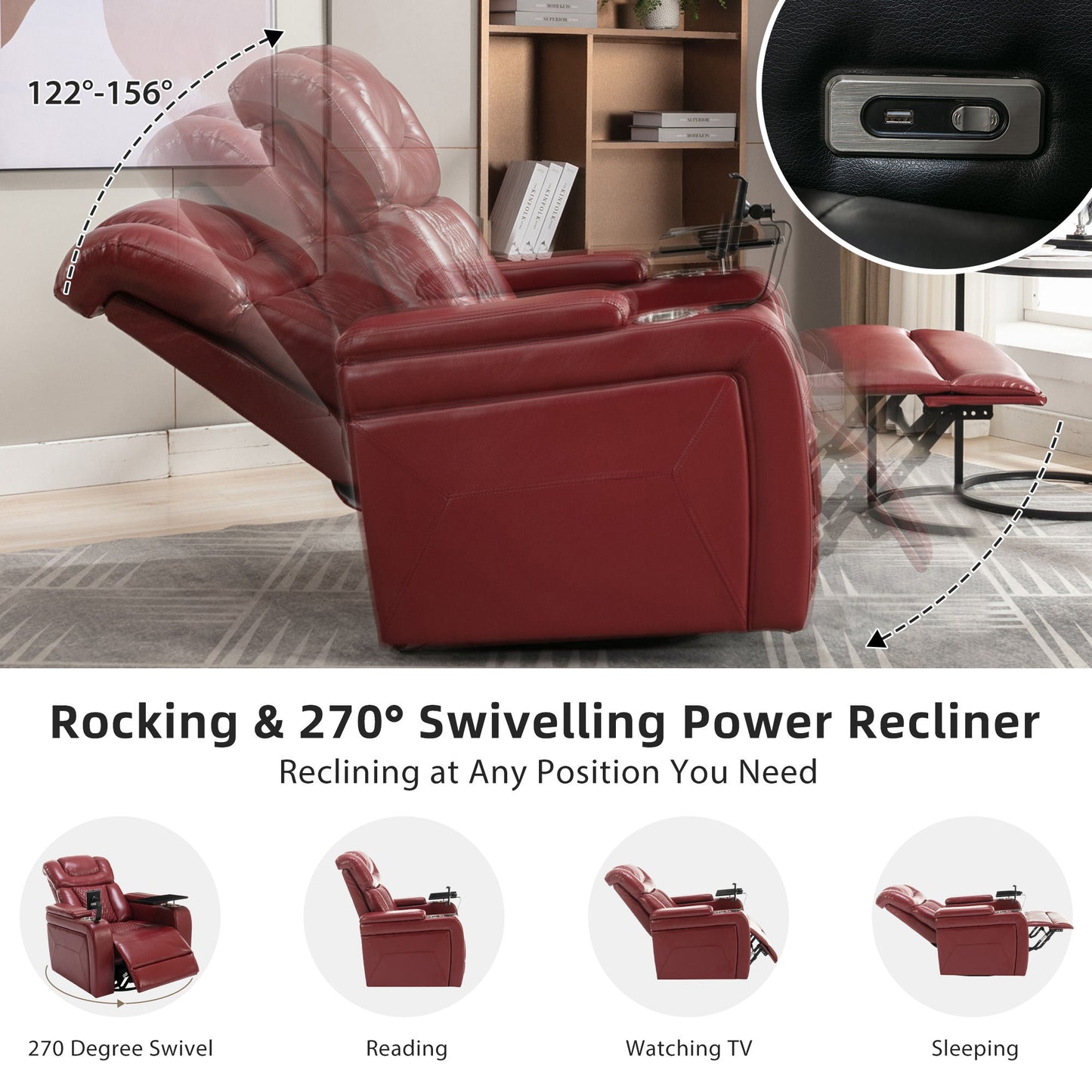 270 Degree Swivel Power Recliner With Tray Table, Phone Holder, Cup Holder, USB Port