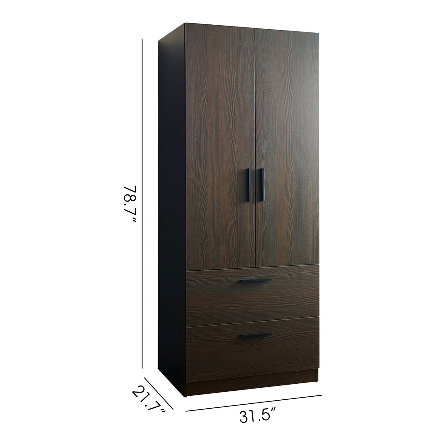 Brook - 2 Door Wood Closet With 2 Drawers And Hanging Bars - Dark Brown