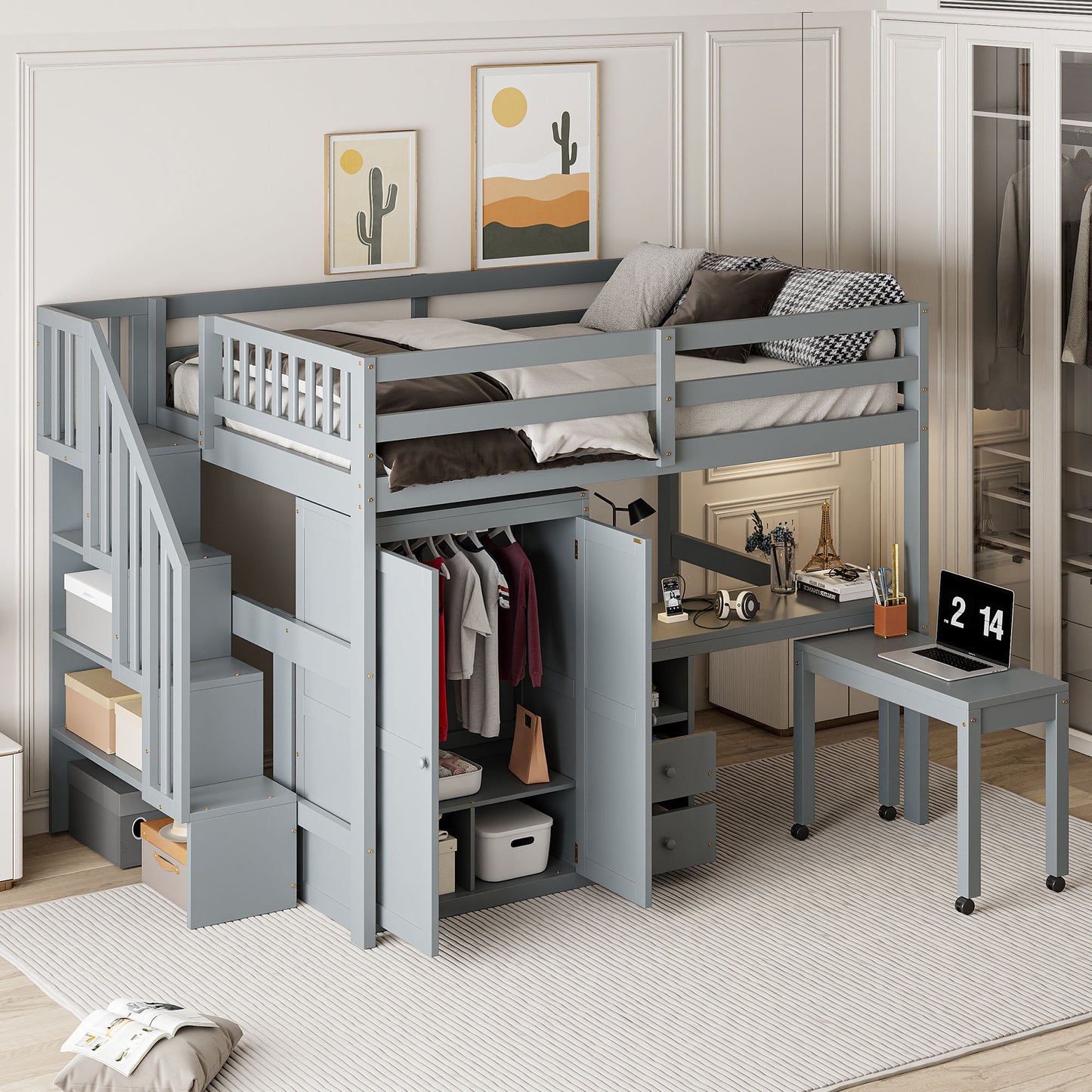 Loft Bed With Stairs, Bookshelf, Drawers, Desk & Wardrobe, Space Saving Multifunctional Furniture