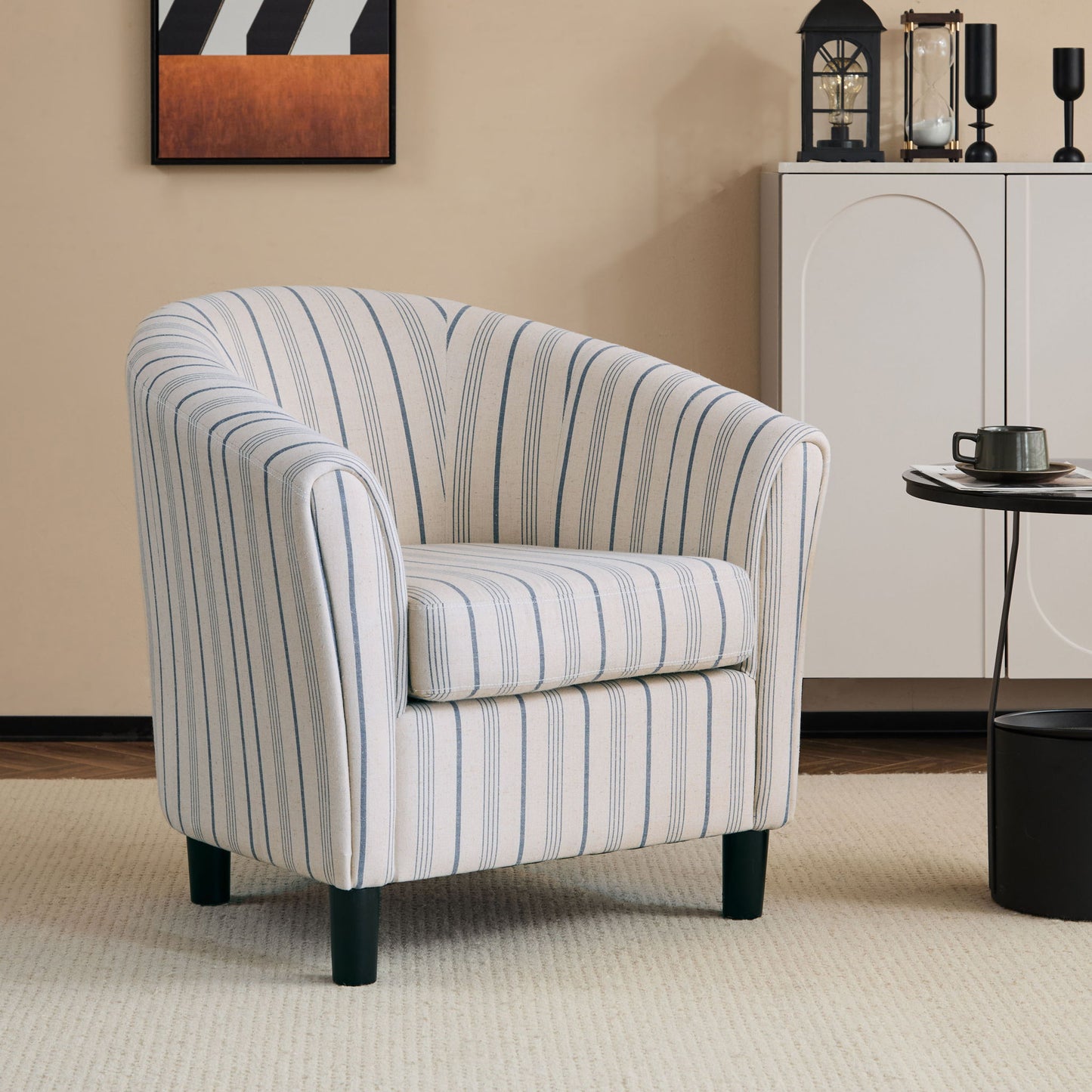 Modern Barrel Fabric Striped Barrel Chair With Channel Stitching - Beige / Blue Stripe