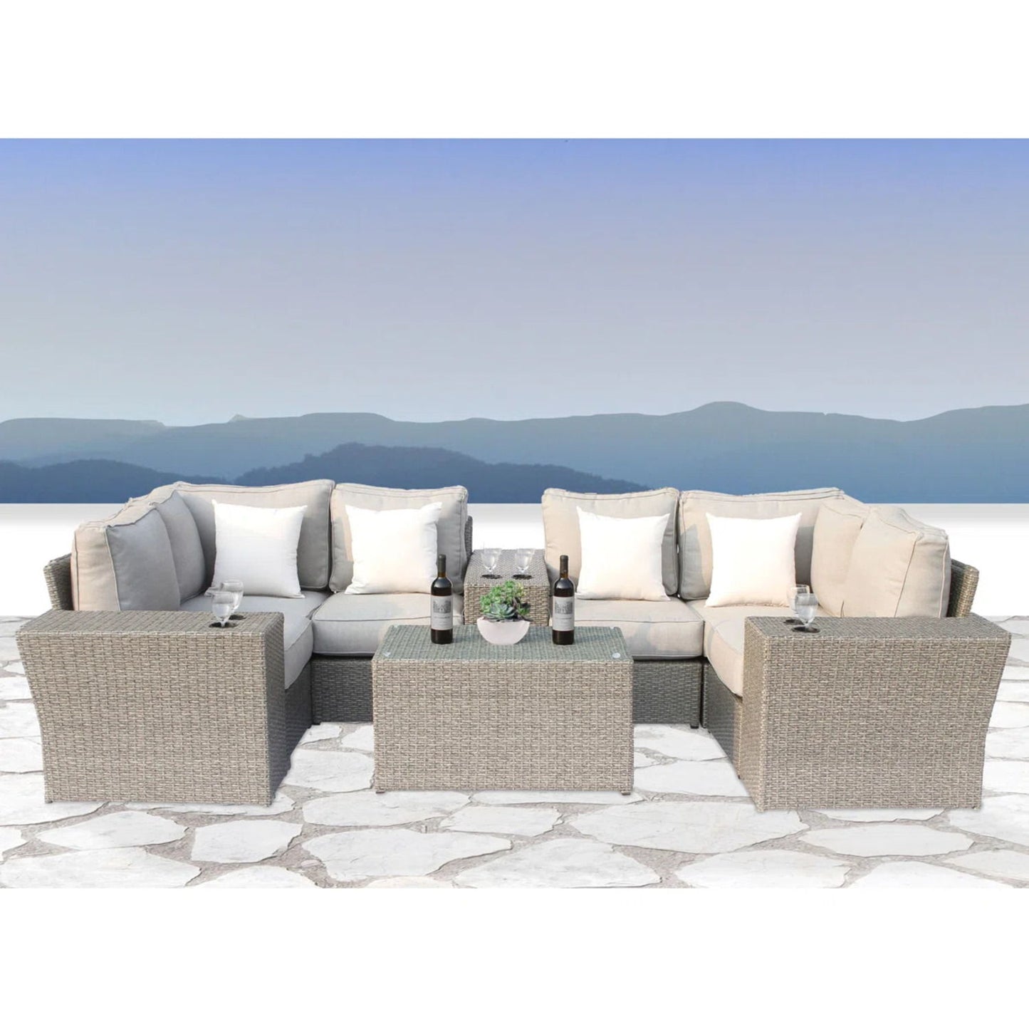 Outdoor Wicker Sectional With Weather Resistant Cushions And Table