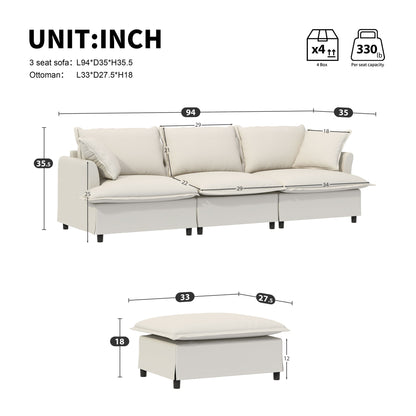 Sectional Sofa With Ottoman Cloud Couch Set With Throw Pillows, Free Combination