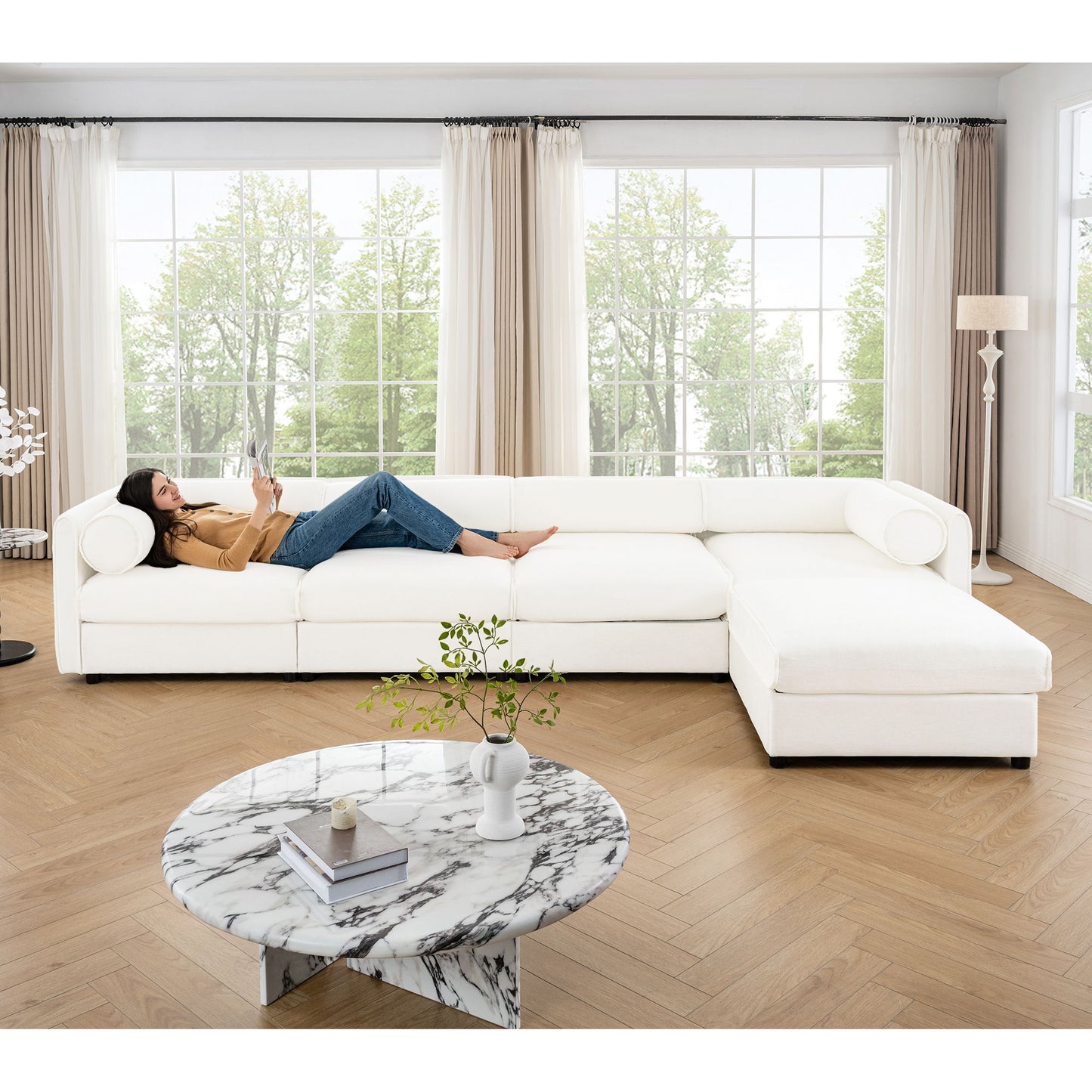 Contemporary Elegant White Chenille Sofa With Storage And Ottoman