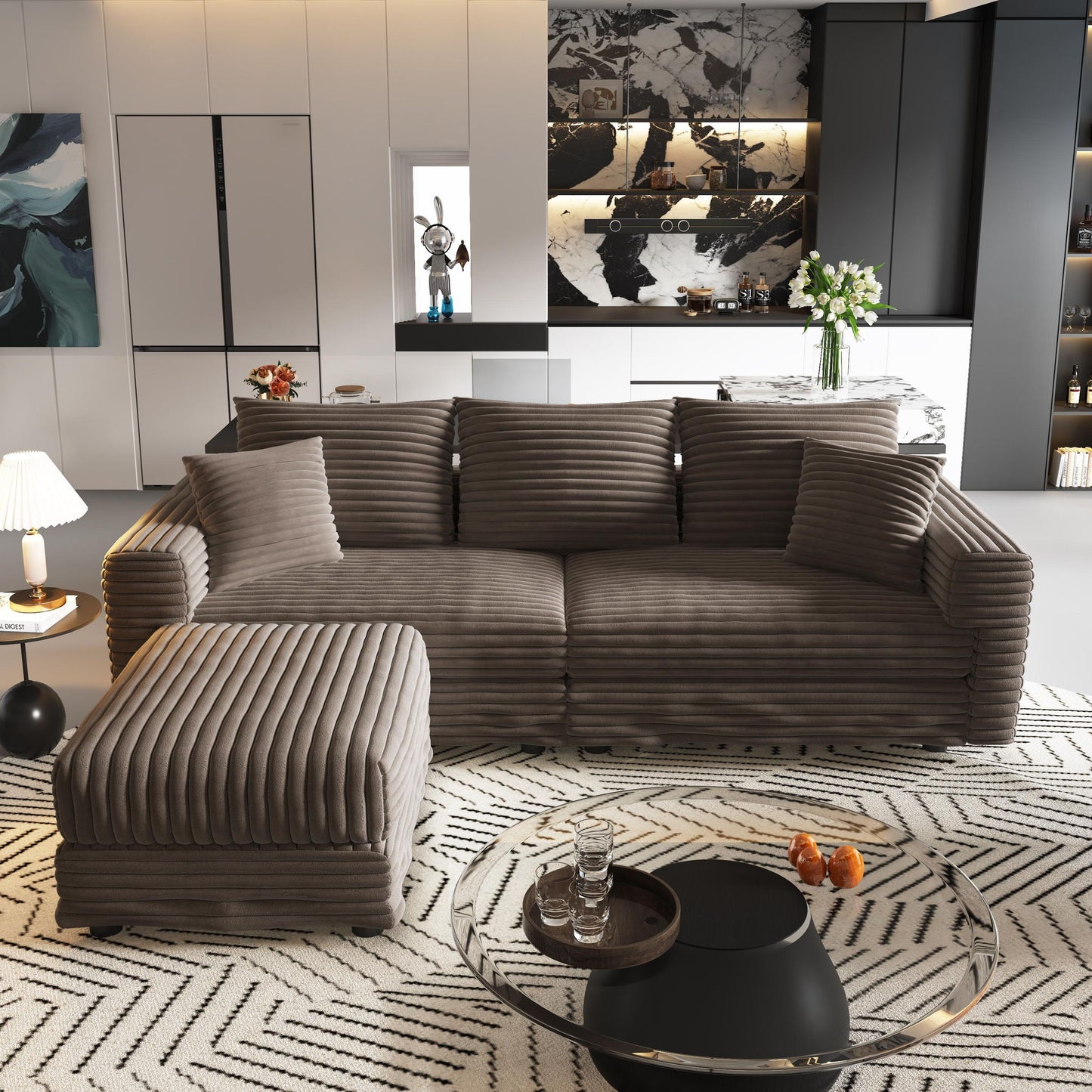 Deep Seat Convertible Sofa With Soft Pillows And Ottomans