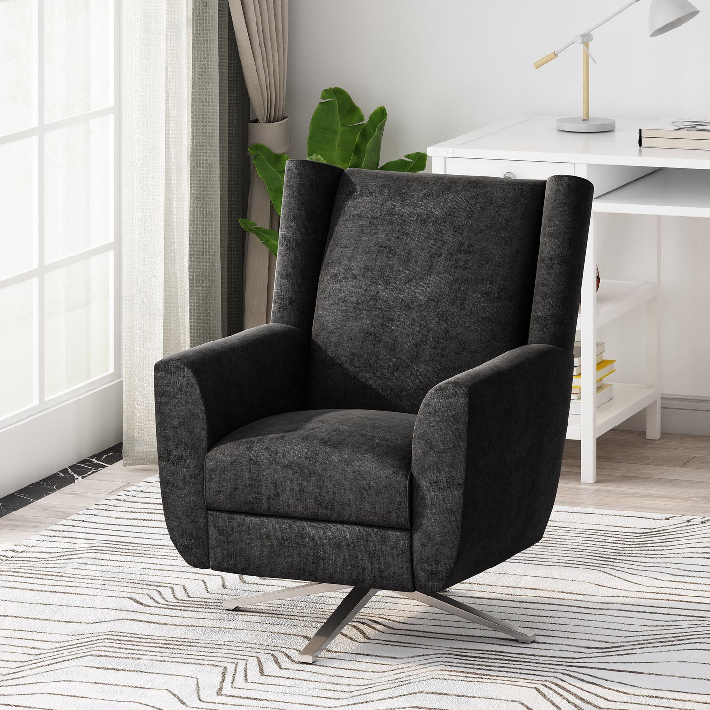 Contemporary Swivel Chair With Wingback Design - Black