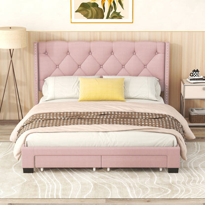 Queen Size Storage Bed Linen Upholstered Platform Bed & Two Drawers - Pink
