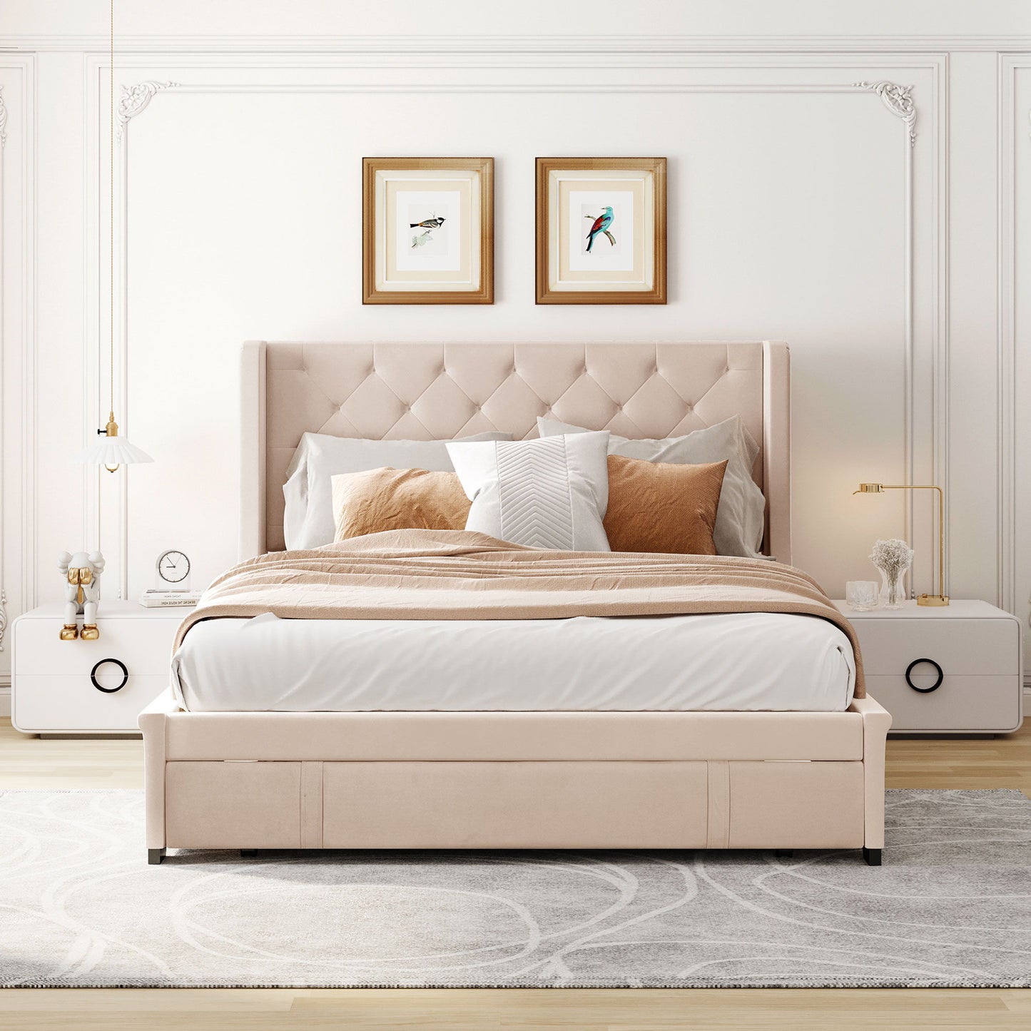 Storage Bed Velvet Upholstered Platform Bed With Wingback Headboard And A Big Drawer
