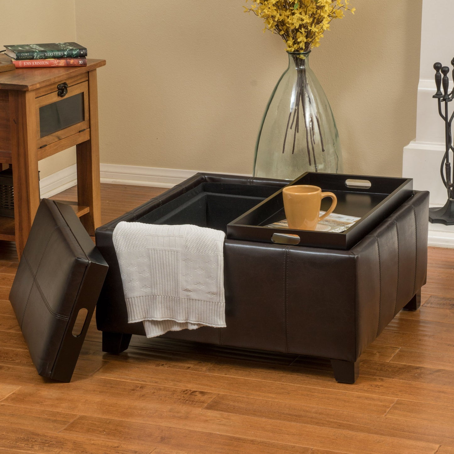 Contemporary Ottoman With Storage And Tray Tops - Brown
