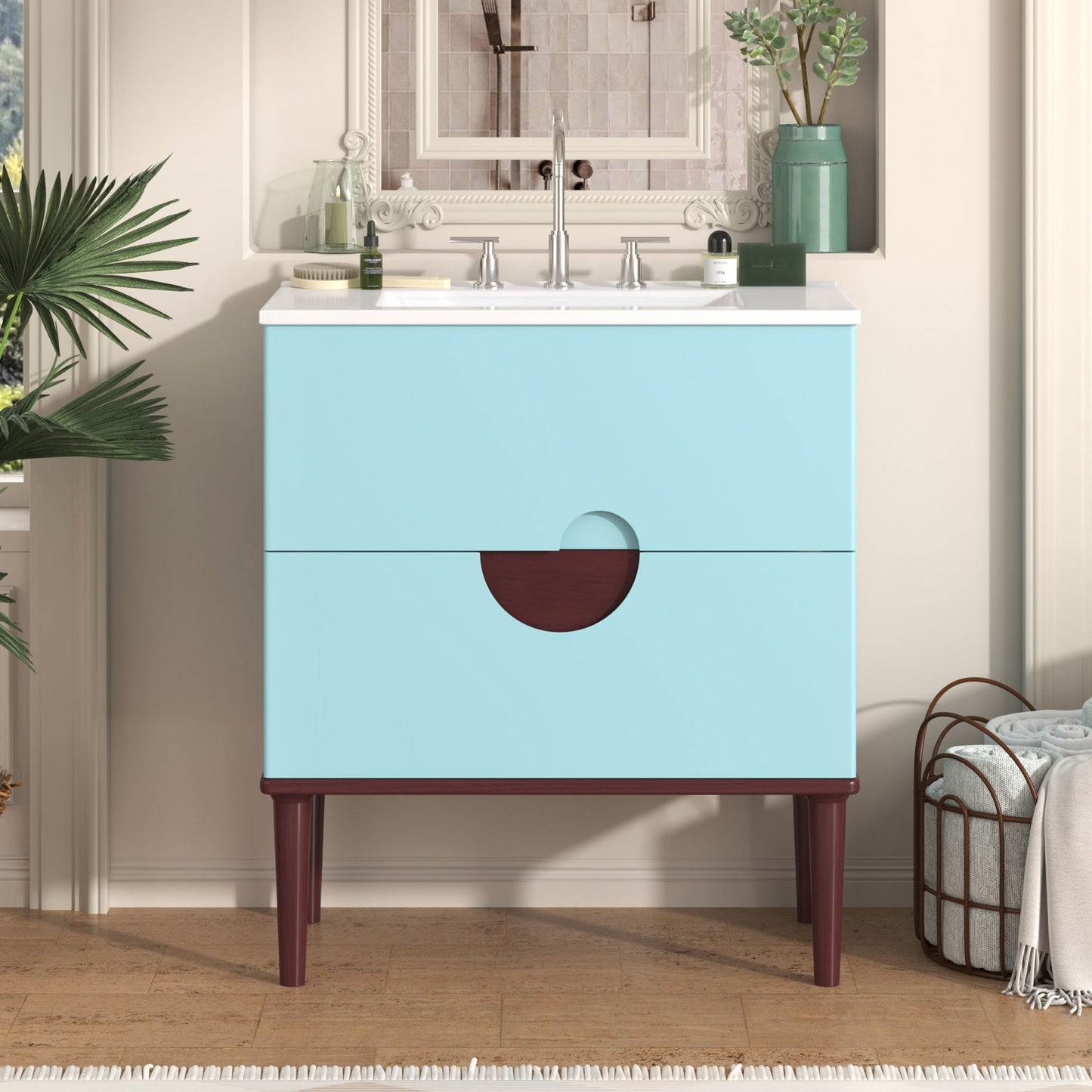 Bathroom Vanity Cabinet With Ceramic Sink Combo Set, Frame Modern Bathroom Storage Cabinet With 2 Drawers - Blue