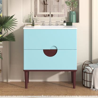 Bathroom Vanity Cabinet With Ceramic Sink Combo Set, Frame Modern Bathroom Storage Cabinet With 2 Drawers - Blue