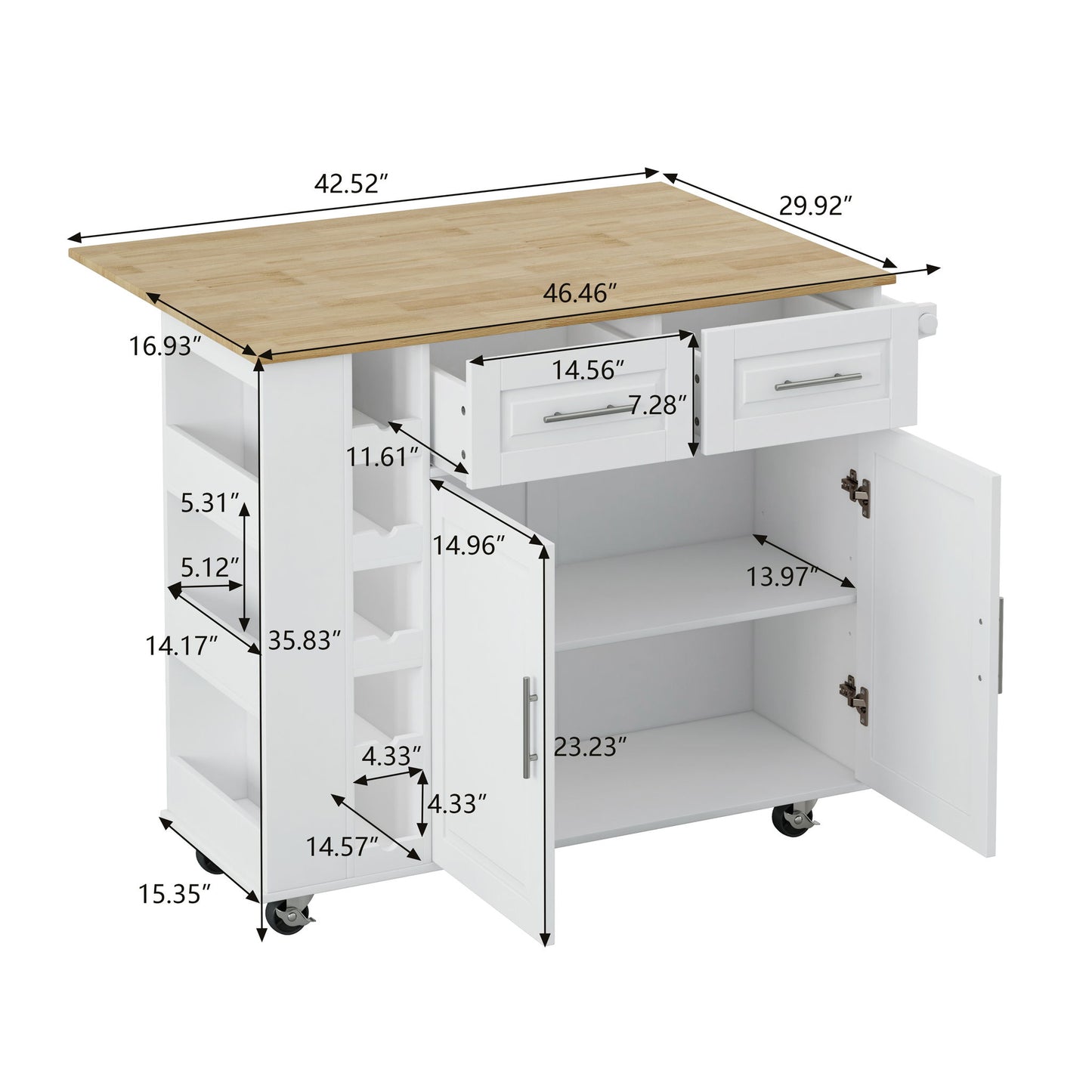 Kitchen Island Cart With 2 Door Cabinet, 2 Drawers, Spice Rack, Towel Holder, Wine Rack, And Foldable Top - White