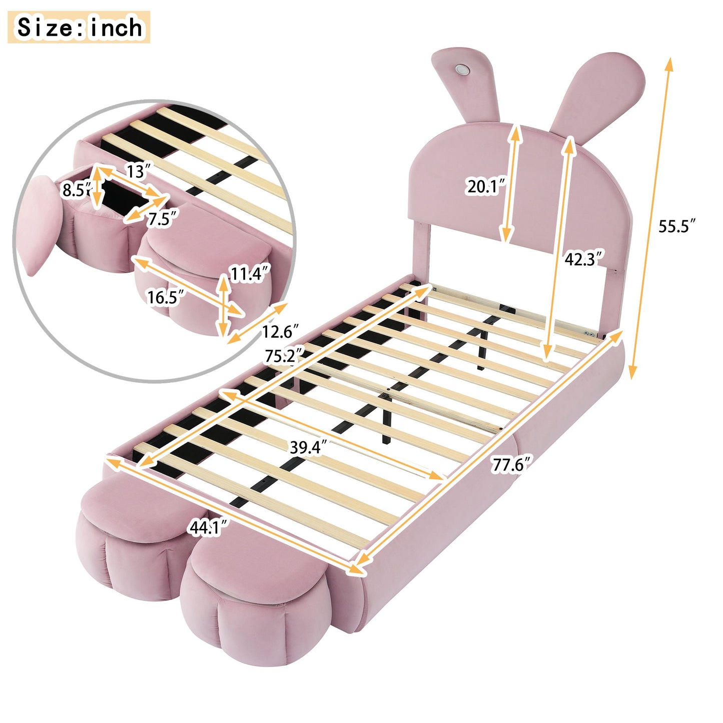 Upholstered Platform Bed With Cartoon Ears Shaped Headboard And LED Light