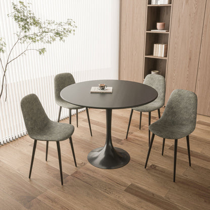 Modern Dining Table Set For 4 With Suede Upholstered Chairs, Round Design - Black / Gray