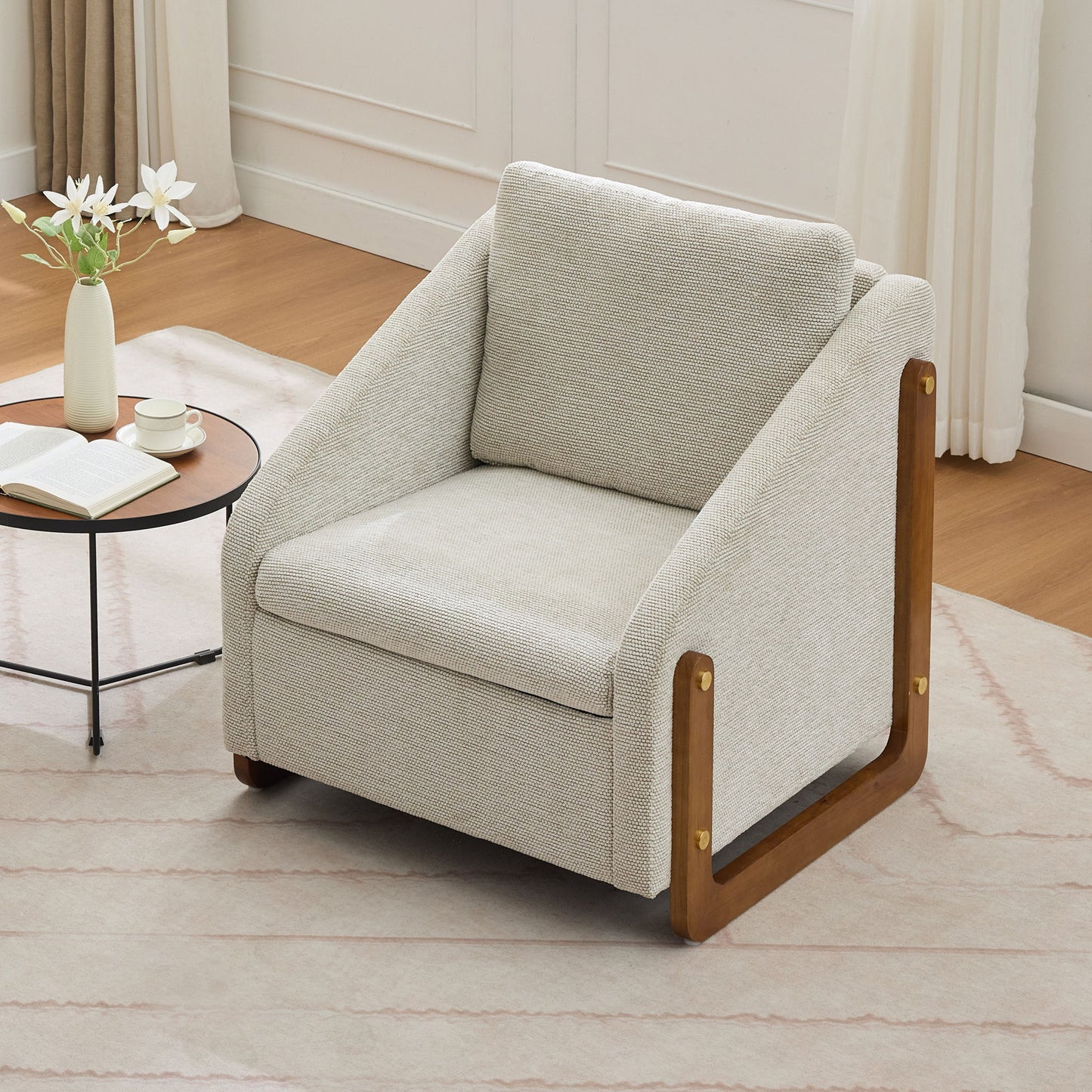 Modern Chenille Upholstered Armchair With Wooden Side Frame