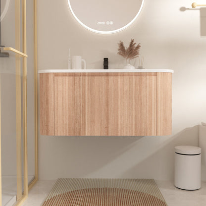 Arcora - Wall Mounted Bathroom Vanity With Curved Design - Natural Wood