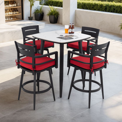 5 Pieces Outdoor Patio Bar Set, Rounded Square Sintered Stone Table & 4 Swivel Bar Chairs