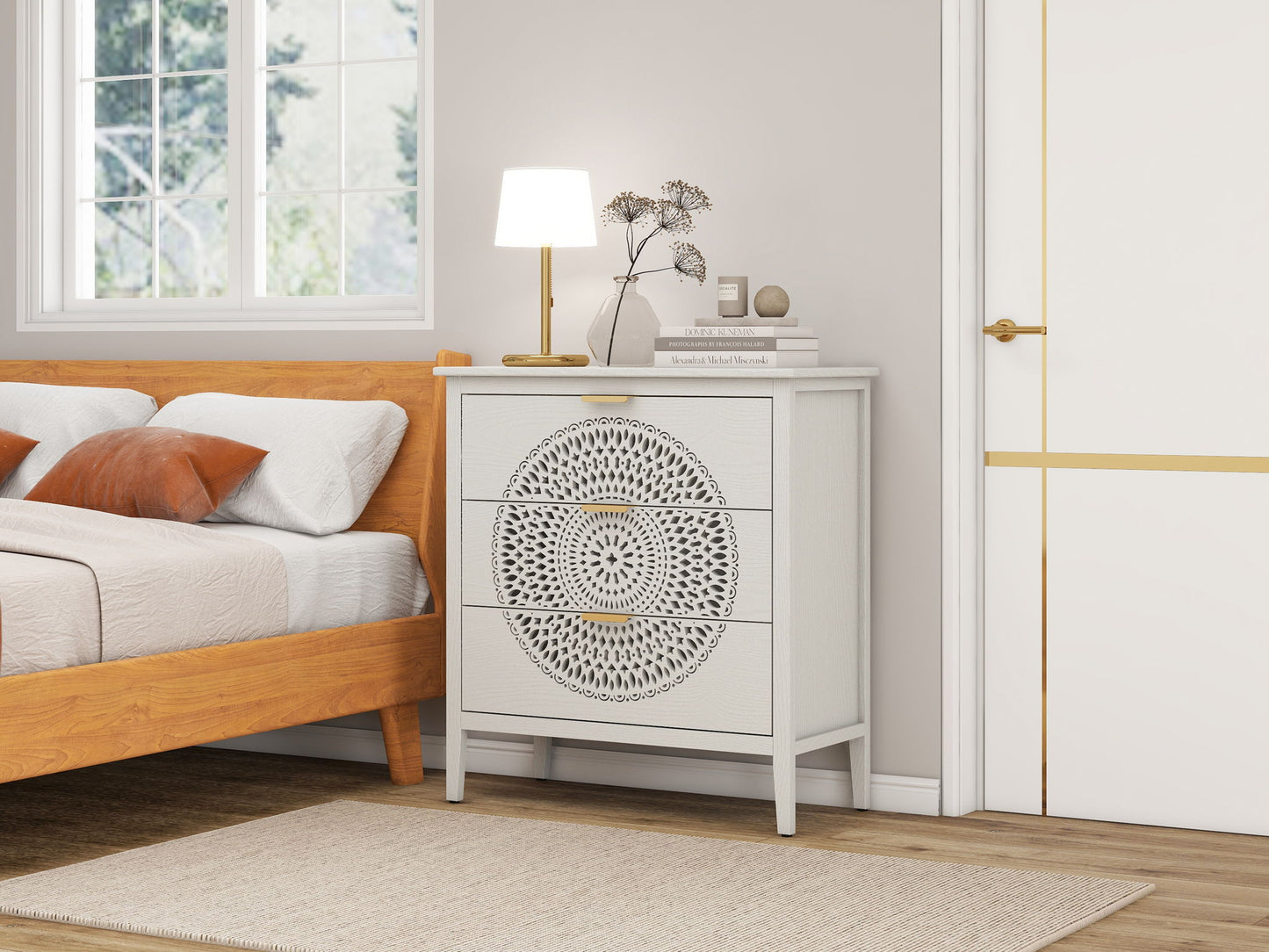 3 Drawer Cabinet With Hollow Carved 3 Drawer Dresser Storage Chest With Metal Handles For Entryway Living Room Bedroom - Beige