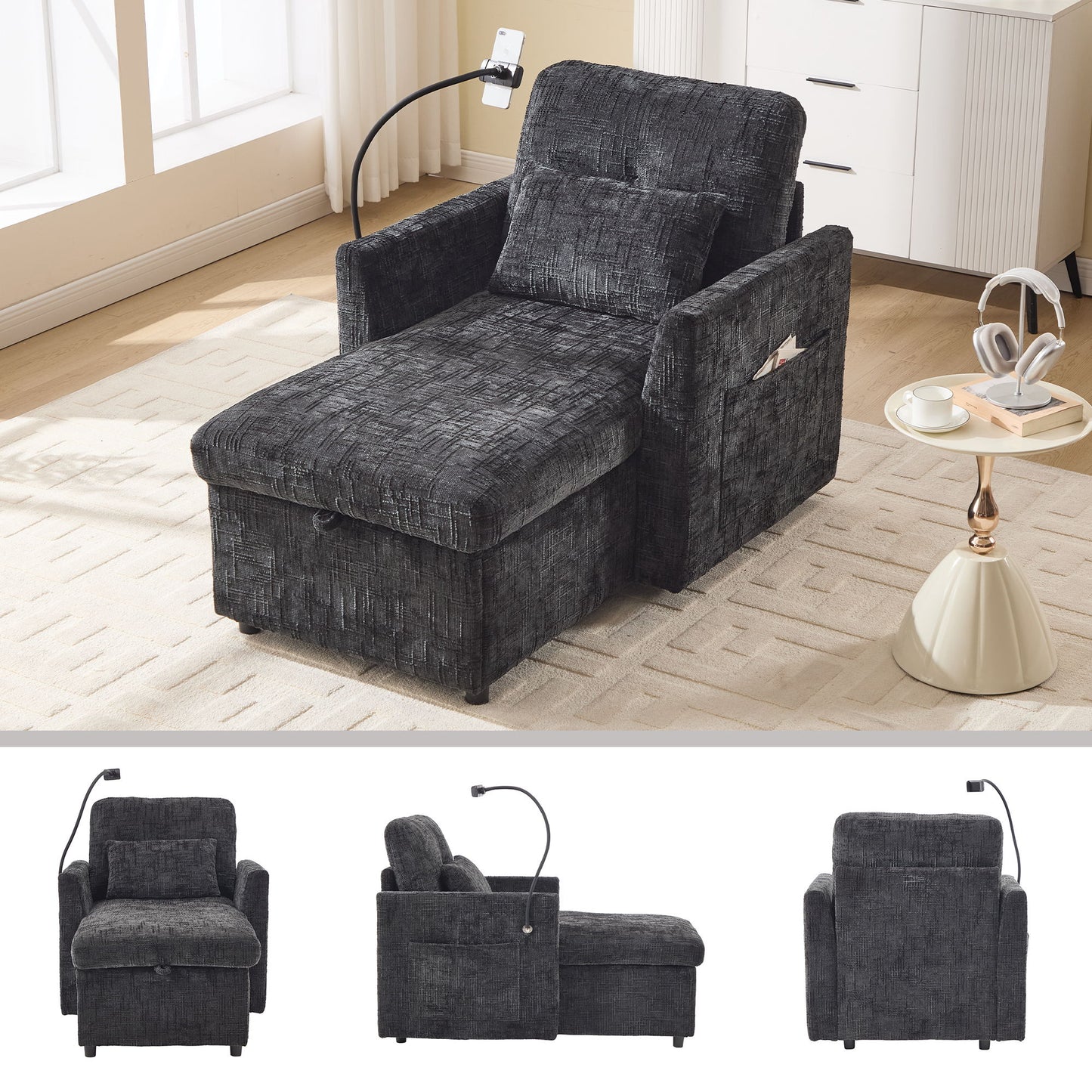 Multifunctional Chenille Recliner Sofa With Storage And Phone Bracket