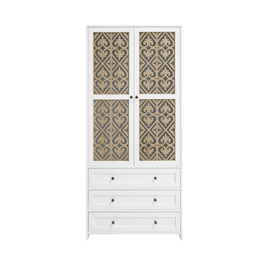 Hollow Pattern 2 Door 3 Drawer Wardrobe, The Collision Of Wood Color, Suitable For Bedrooms And Dressing Rooms - White