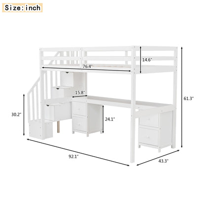 Loft Bed Frame With Built In Desk And Double Storage Drawers