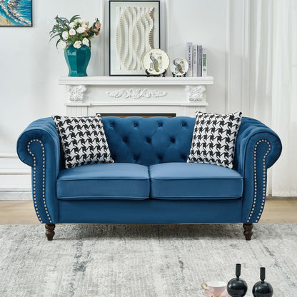 Chesterfield Velvet Fabric Sofa With Roll Armrest And Nailhead, Mid Century 2 Seater Couch In Blue