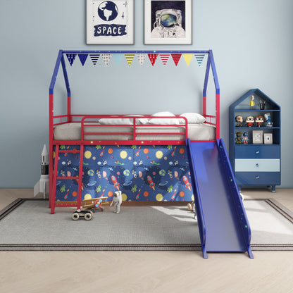 Jack - House Loft Bed With Slide And Curtain Set