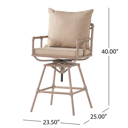 Industrial Outdoor Patio Plumber's Iron Frame Swivel Barstool With Cushions, Height Adjustable