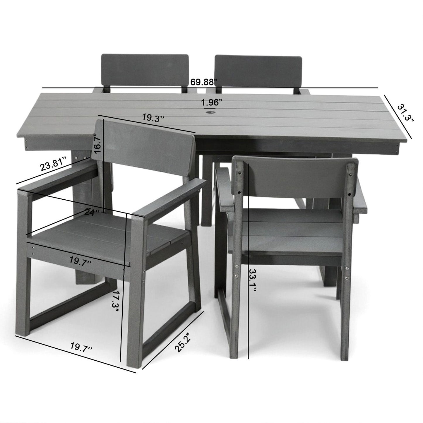 5 Piece Outdoor Dining Set For 4, Patio Table With Umbrella Hole And 4 Armrest Chairs For Backyard - Gray