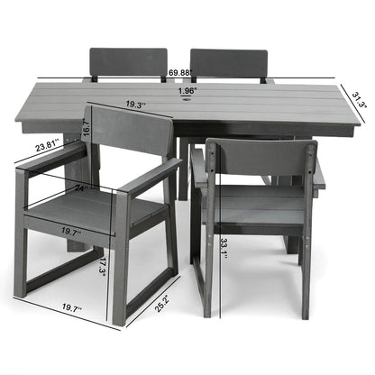 5 Piece Outdoor Dining Set For 4, Patio Table With Umbrella Hole And 4 Armrest Chairs For Backyard - Gray