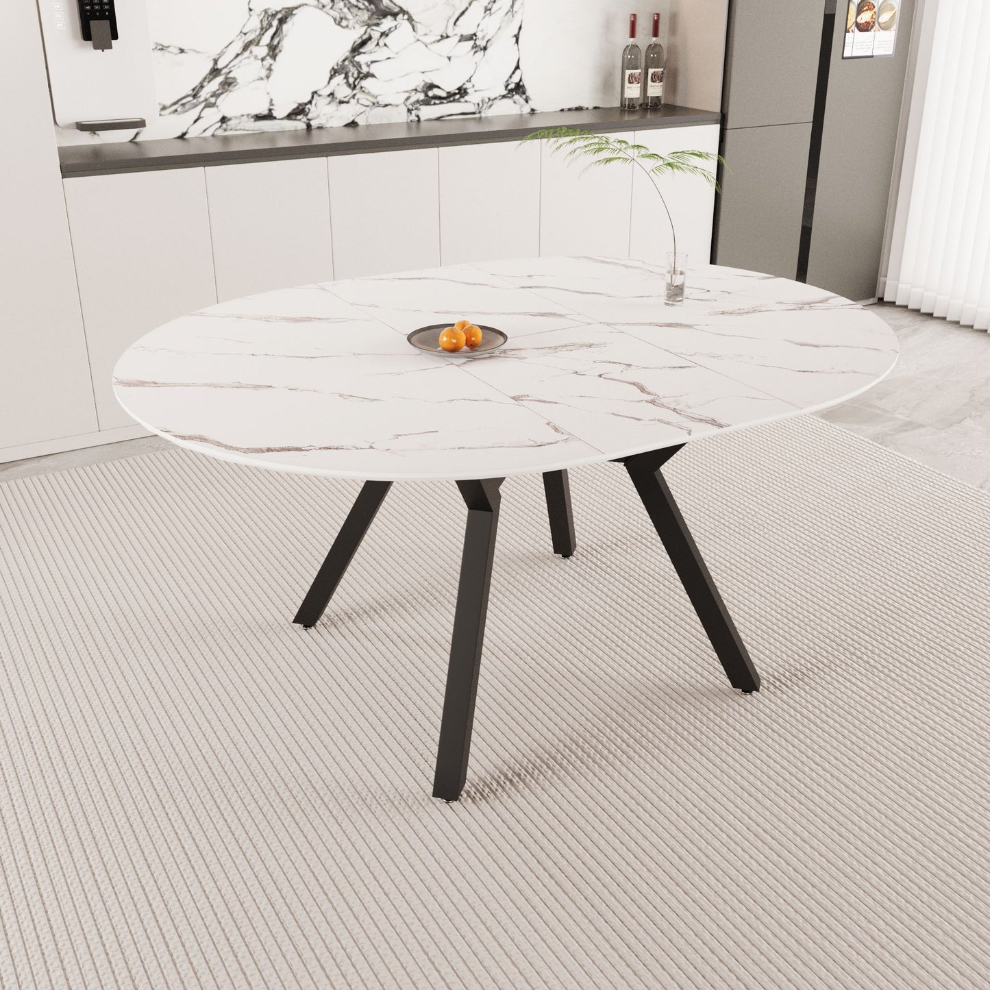 Modern Extendable White Circular Dining Table with MDF Top and Metal Legs for 4-6 Persons