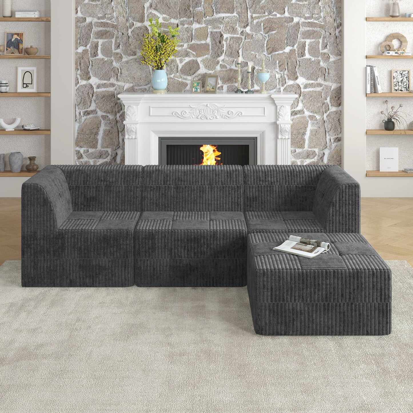 Modern Minimalist L Shape Modular Sectional Sofa, Sleeper Corduroy Couch