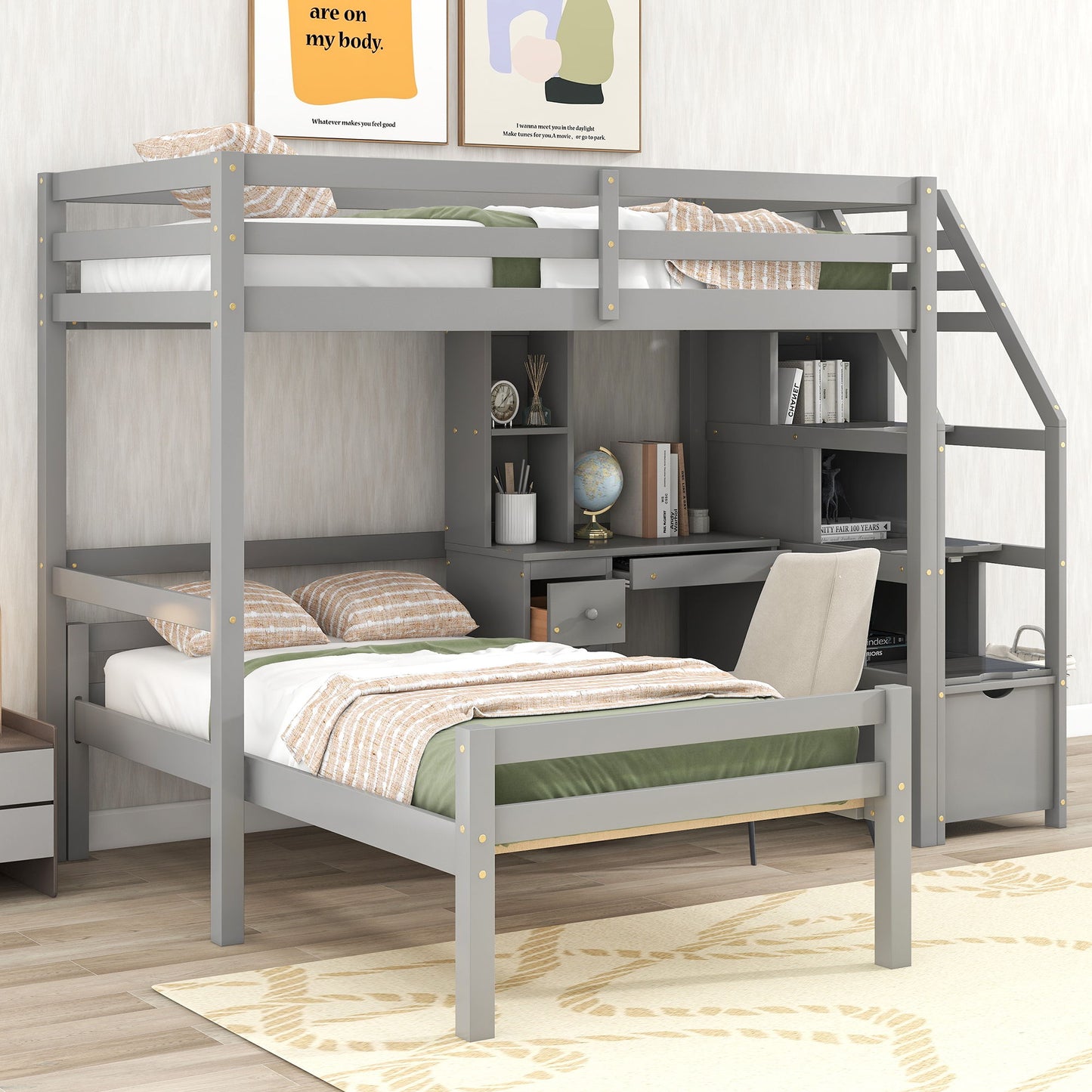 Loft Bed With Stand Alone Bed, Storage Staircase, Desk, Shelves, And Drawers