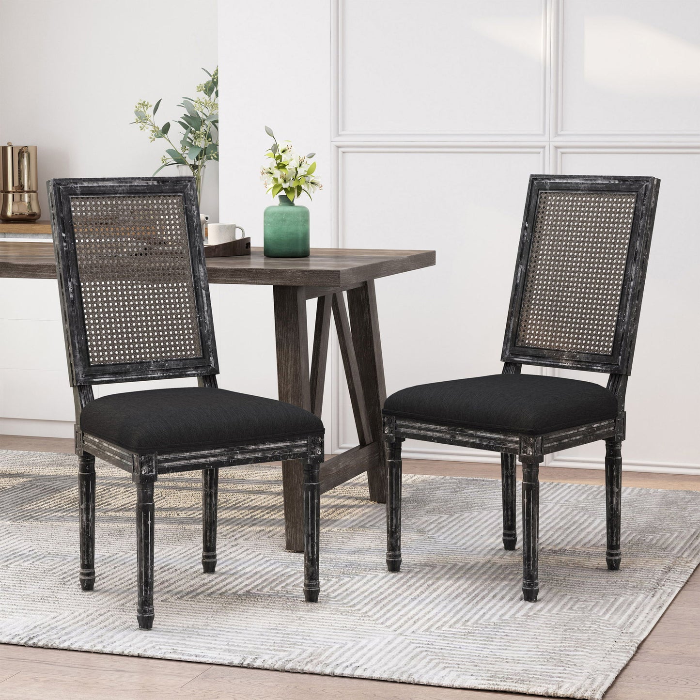 French Country Dining Chair With Rectangular Cane Backrest And Smooth Upholstered Seating