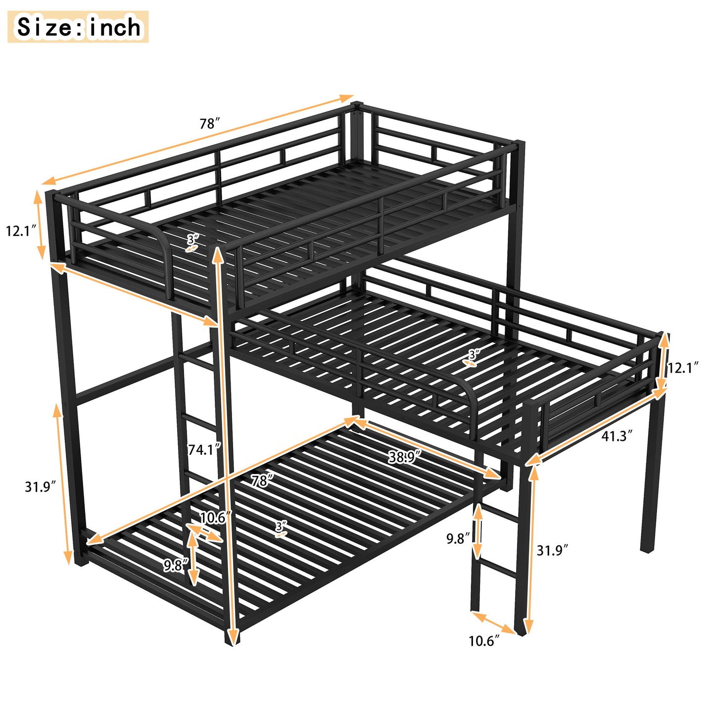 L-Shaped Triple Twin Size Bunk Bed, Industrial Design With Integrated Ladder And Full Length Guardrails - Black