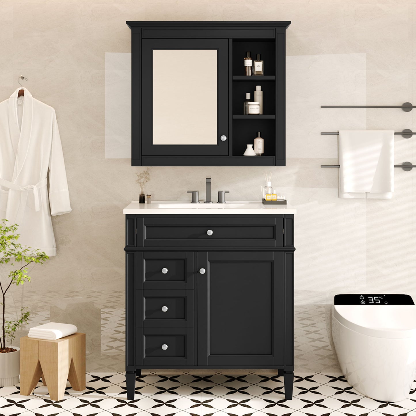 Bathroom Vanity With Medicine Cabinet, Royal Blue Mirror Cabinet, Modern Bathroom Storage Cabinet With 2 Soft Closing Doors And 4 Drawers