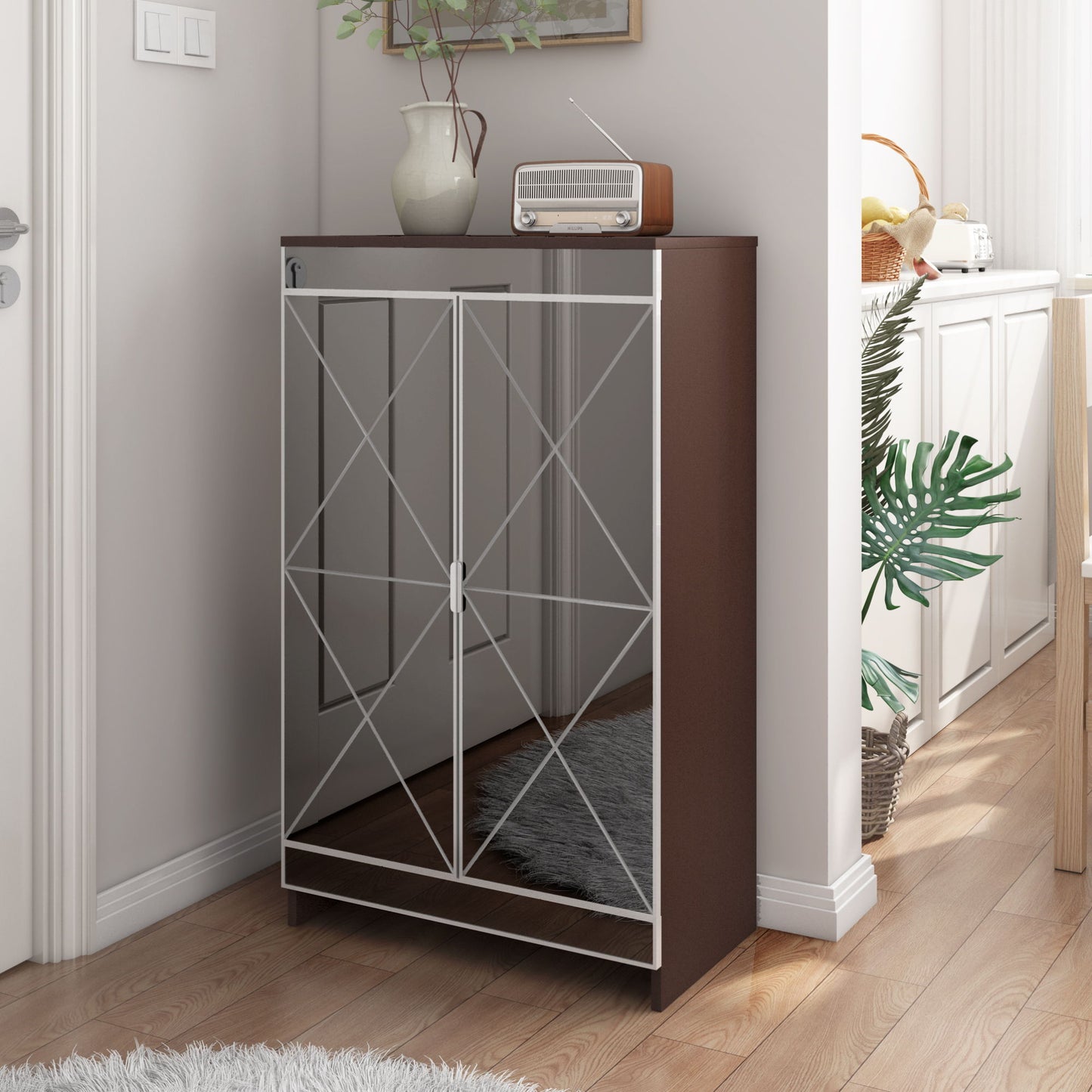 Elegant Decor Mirrored Shoe Cabinet With Edging Double Door Storage Cabinets Glass - Brown / Silver / Gray