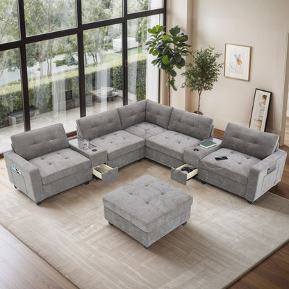 Sectional With Acrylic Table Top U Shaped Couch Set With 2 Consoles USB Charger, Storage Drawers And Pockets Movable Ottoman Tufted Sofa