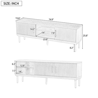 TV Stand With Vertical Slatted Doors And Sliding Panels, Solid Wood Legs - Brown