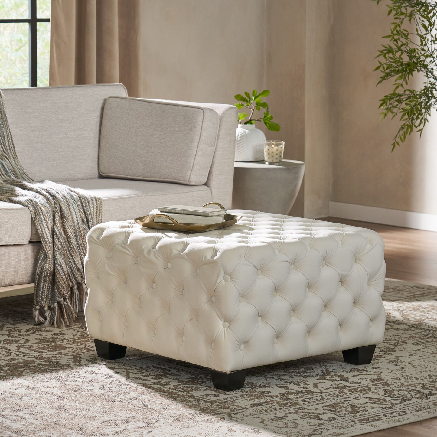 Modern Glam Ottoman With Velvet Upholstery And Button Tufted Design - Ivory