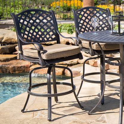 Elegant Cast Aluminum Counter Stool Set With Cushions, All Weather Design - Dark Brown