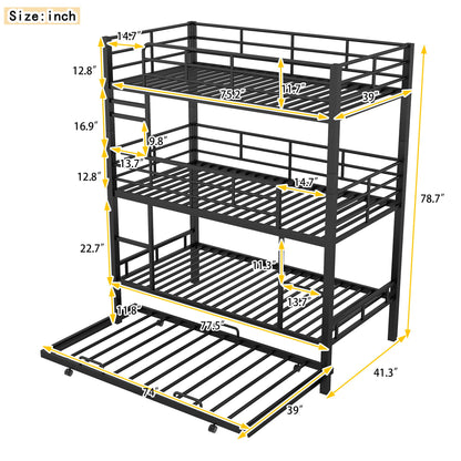 Triple Bunk Bed With Trundle, Heavy Duty Steel Construction