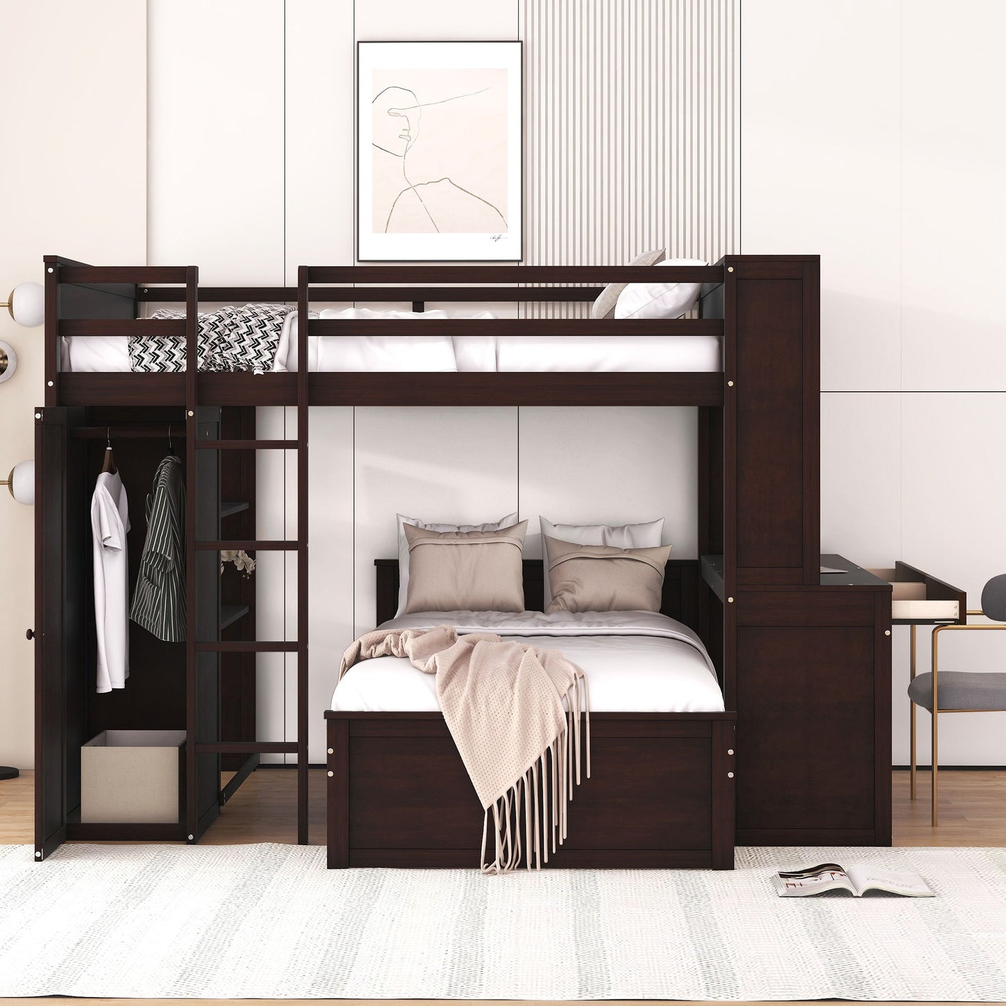 Loft Bed With A Twin Size Standalone Bed, Shelves, Desk, And Wardrobe