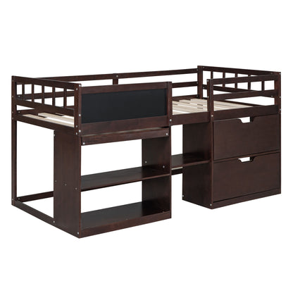 Low Loft Bed With Rolling Desk, Shelf And Drawers